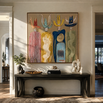 Hats Rise Like Birds - colorful cowboy hats and figures painting by Savannah Reed, modern folk art square wall art – styled room scene view 4