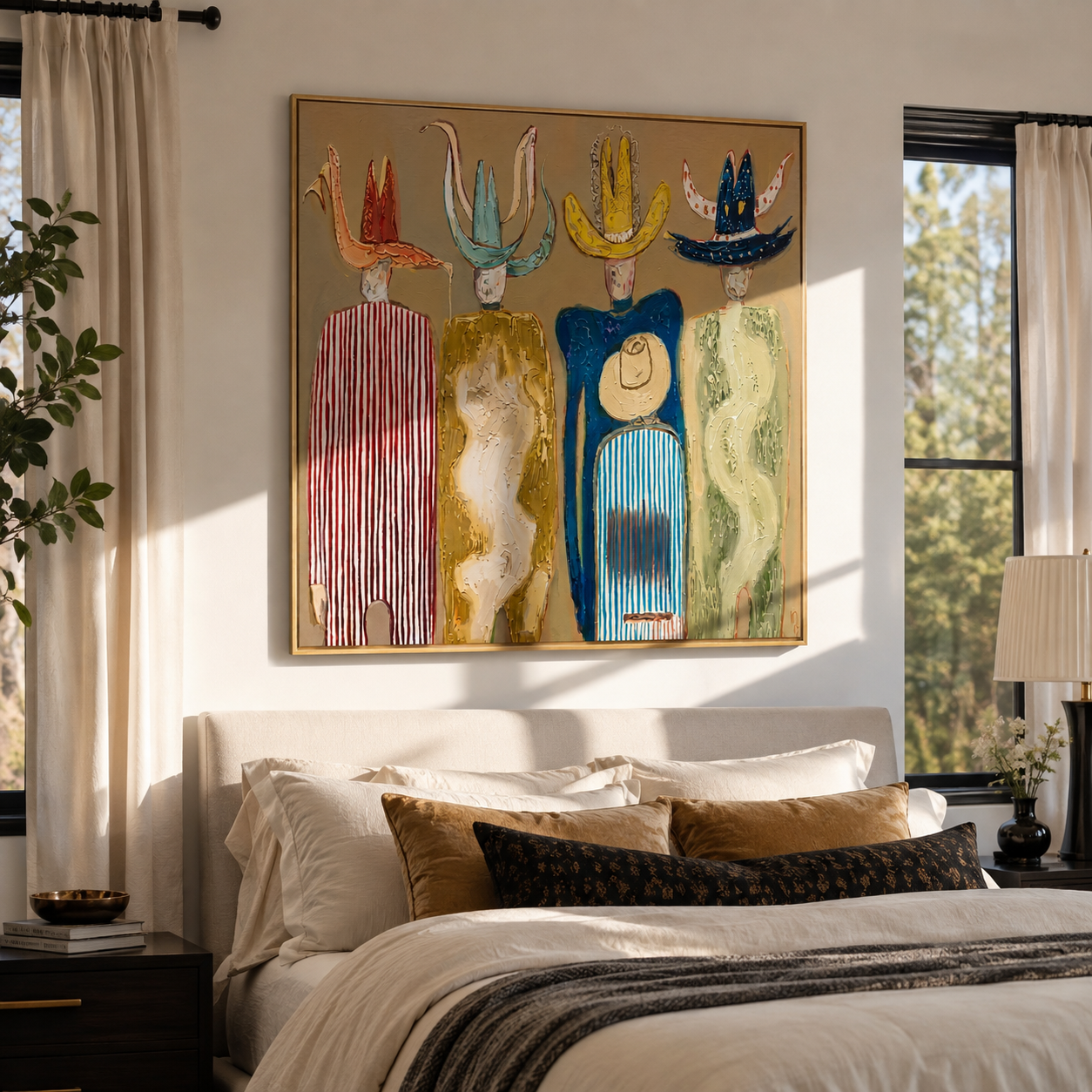 Hats Rise Like Birds - colorful cowboy hats and figures painting by Savannah Reed, modern folk art square wall art – styled room scene view 5