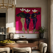 White Hats Toast Magenta - three cowgirls cocktail painting by Savannah Reed, modern folk art square wall art – styled room scene view 1