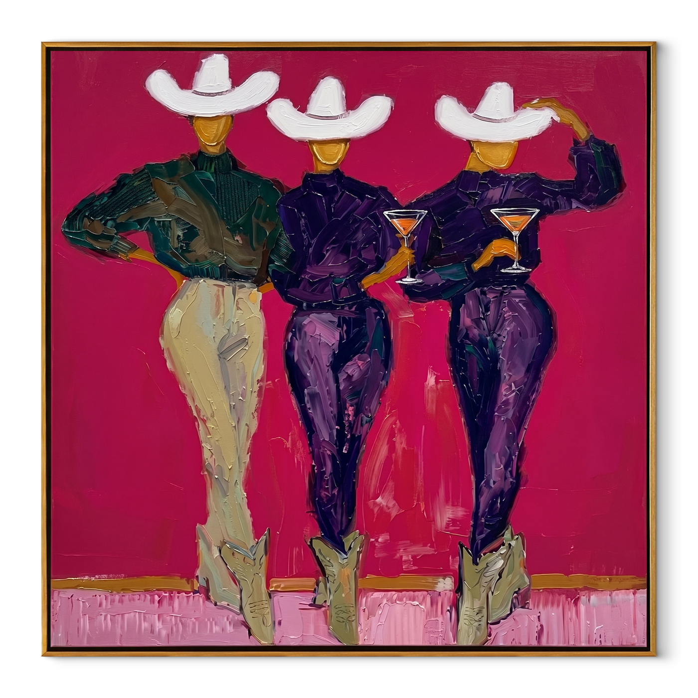 White Hats Toast Magenta - three cowgirls cocktail painting by Savannah Reed, modern folk art square wall art – wood frame on white background