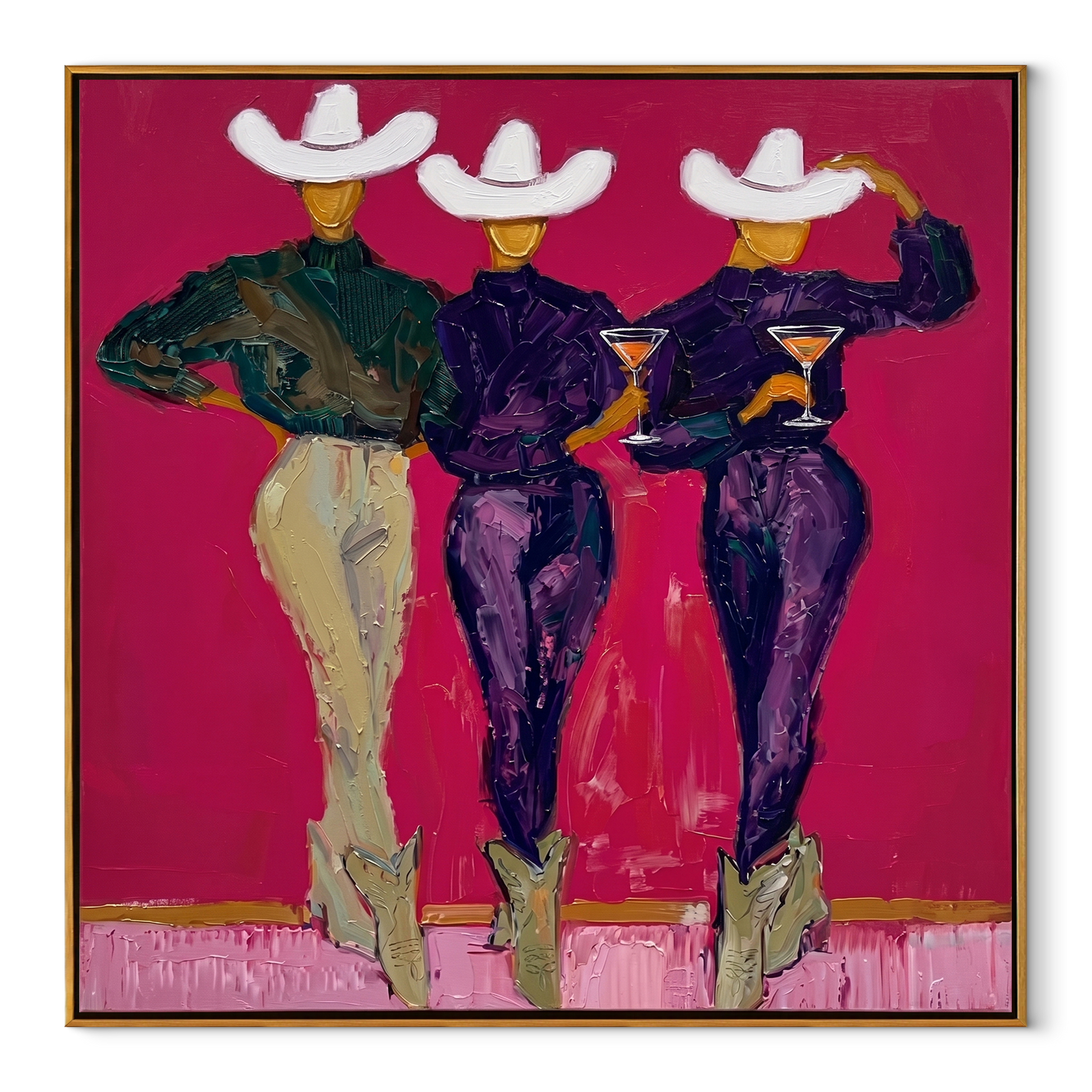 White Hats Toast Magenta - three cowgirls cocktail painting by Savannah Reed, modern folk art square wall art – wood frame on white background
