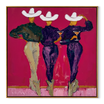 White Hats Toast Magenta - three cowgirls cocktail painting by Savannah Reed, modern folk art square wall art – wood frame on white background