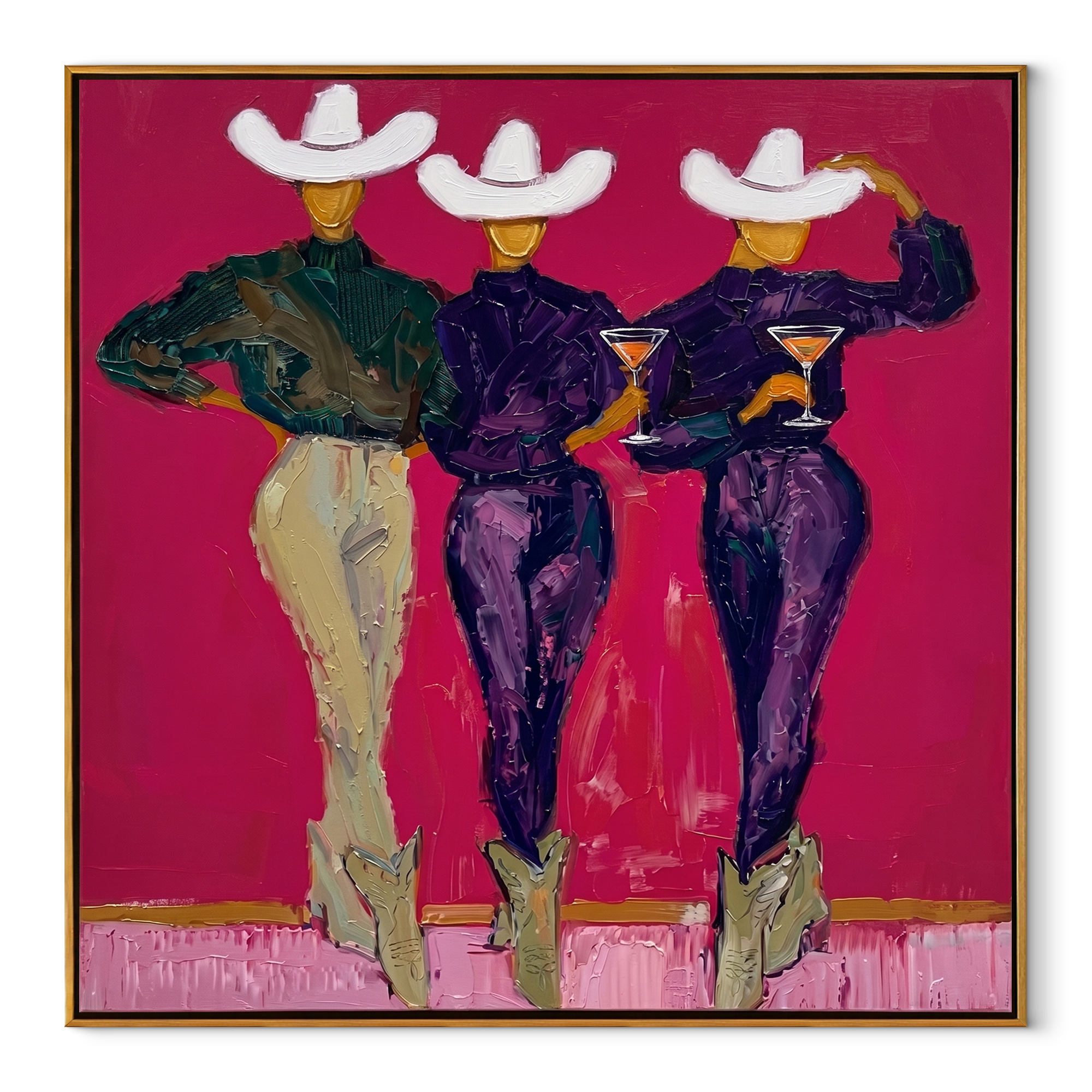 White Hats Toast Magenta - three cowgirls cocktail painting by Savannah Reed, modern folk art square wall art – wood frame on white background