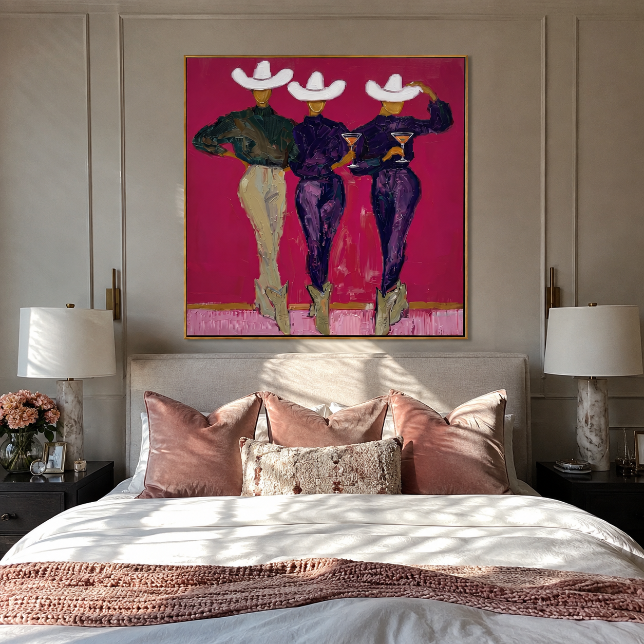 White Hats Toast Magenta - three cowgirls cocktail painting by Savannah Reed, modern folk art square wall art – styled room scene view 2