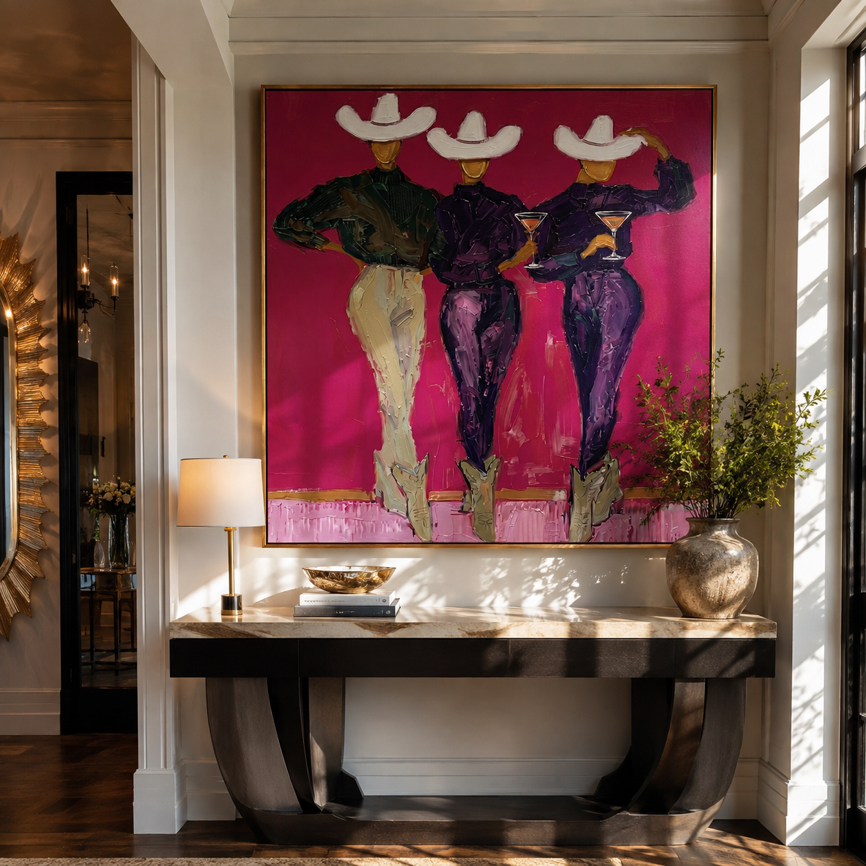 White Hats Toast Magenta - three cowgirls cocktail painting by Savannah Reed, modern folk art square wall art – styled room scene view 3