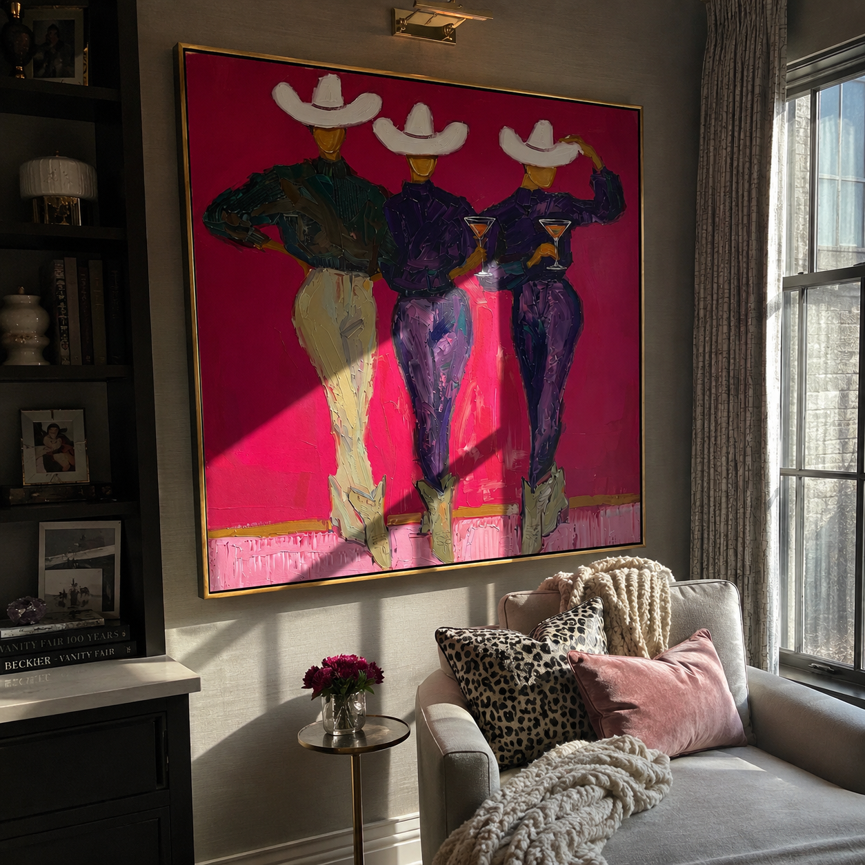 White Hats Toast Magenta - three cowgirls cocktail painting by Savannah Reed, modern folk art square wall art – styled room scene view 4