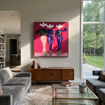 White Hats Toast Magenta - three cowgirls cocktail painting by Savannah Reed, modern folk art square wall art – styled room scene view 5