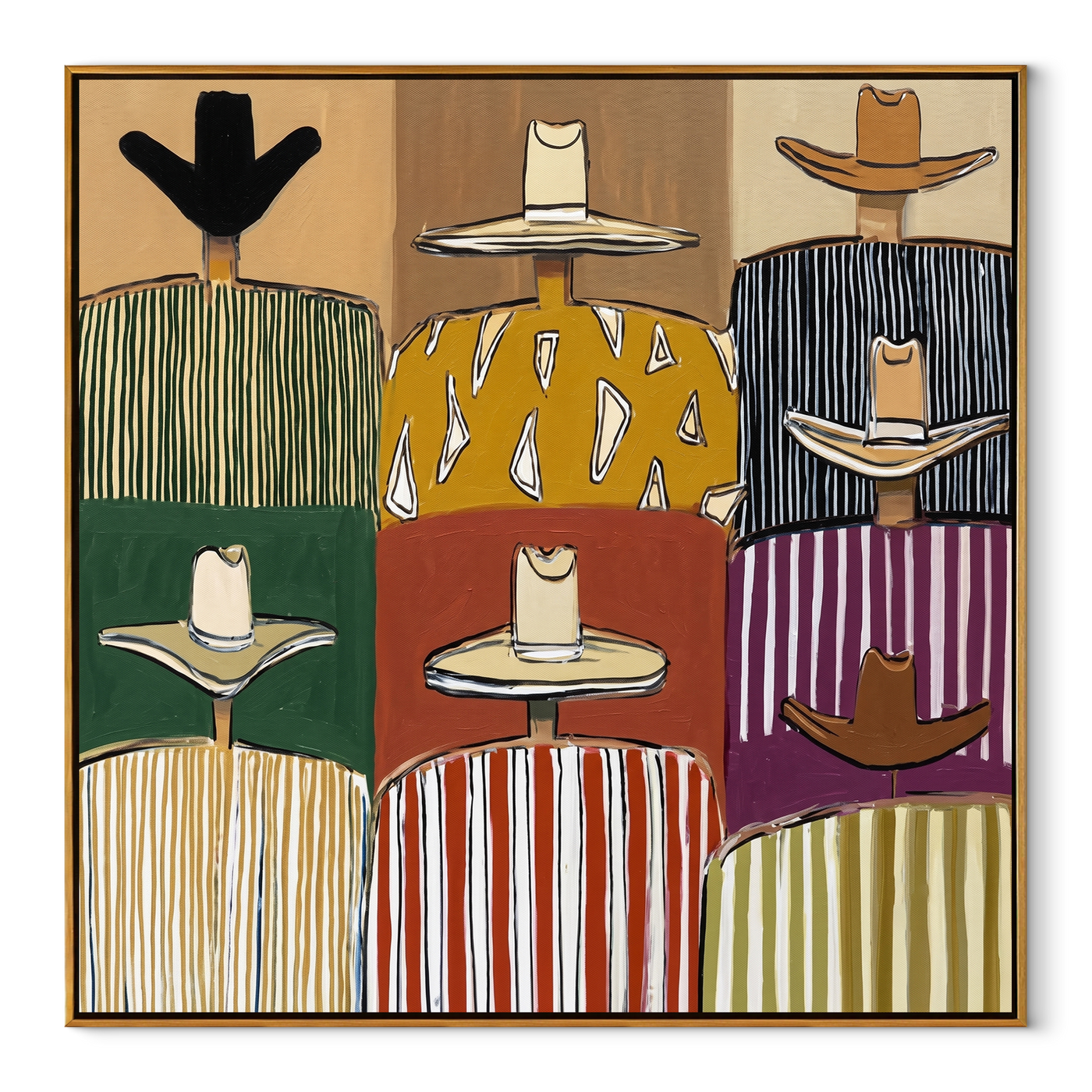 Nine Hats Keep Order - cowboy hat pattern painting by Savannah Reed, modern folk art square wall art – wood frame on white background