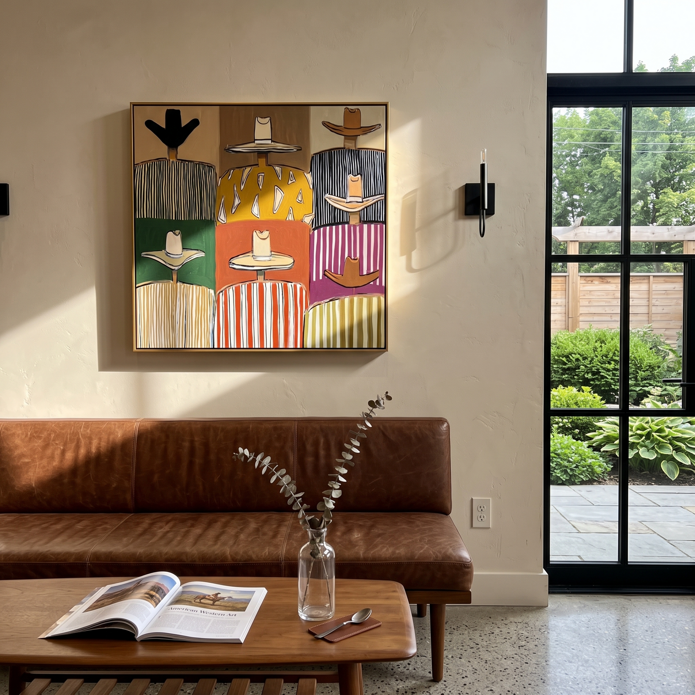 Nine Hats Keep Order - cowboy hat pattern painting by Savannah Reed, modern folk art square wall art – styled room scene view 2