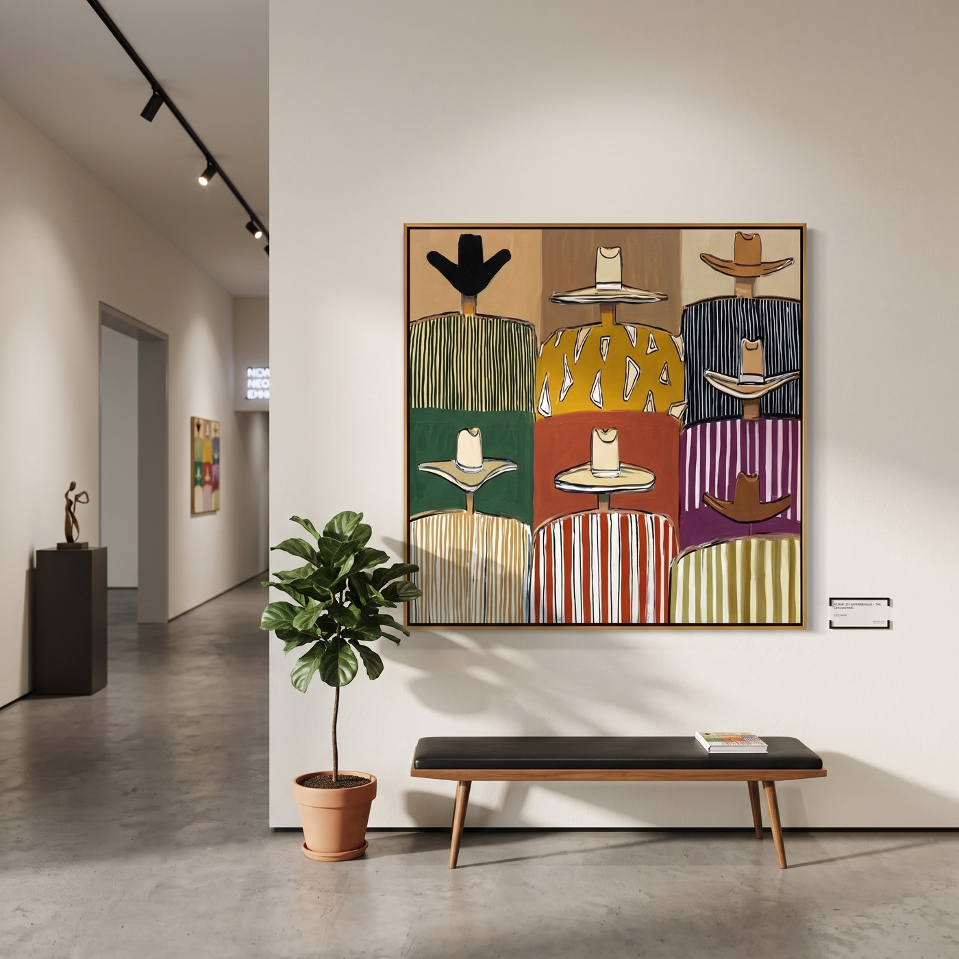 Nine Hats Keep Order - cowboy hat pattern painting by Savannah Reed, modern folk art square wall art – styled room scene view 3