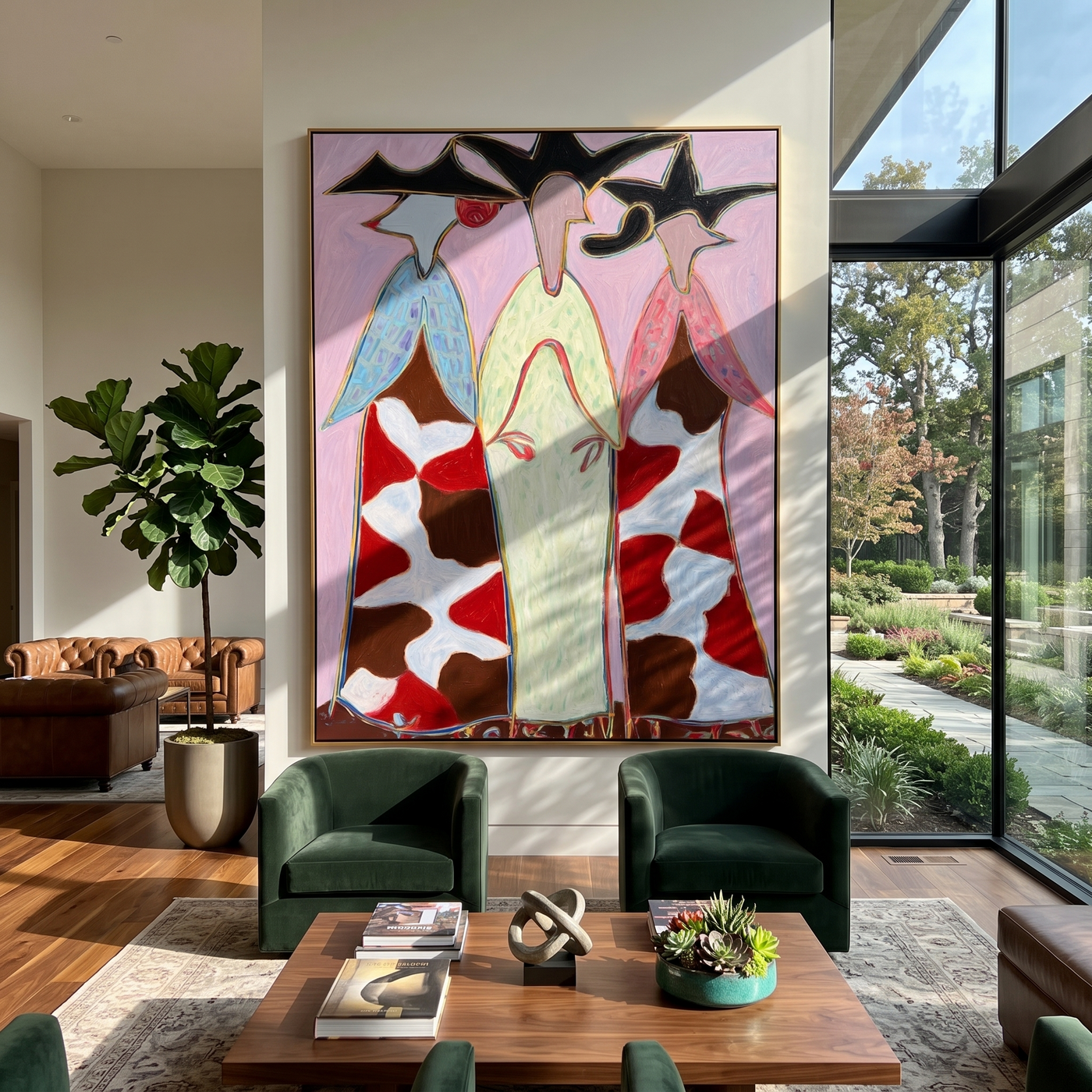 Cowhide Dresses Stand Tall - cowhide cowgirl dresses painting by Savannah Reed, modern folk art vertical wall art – styled room scene view 1