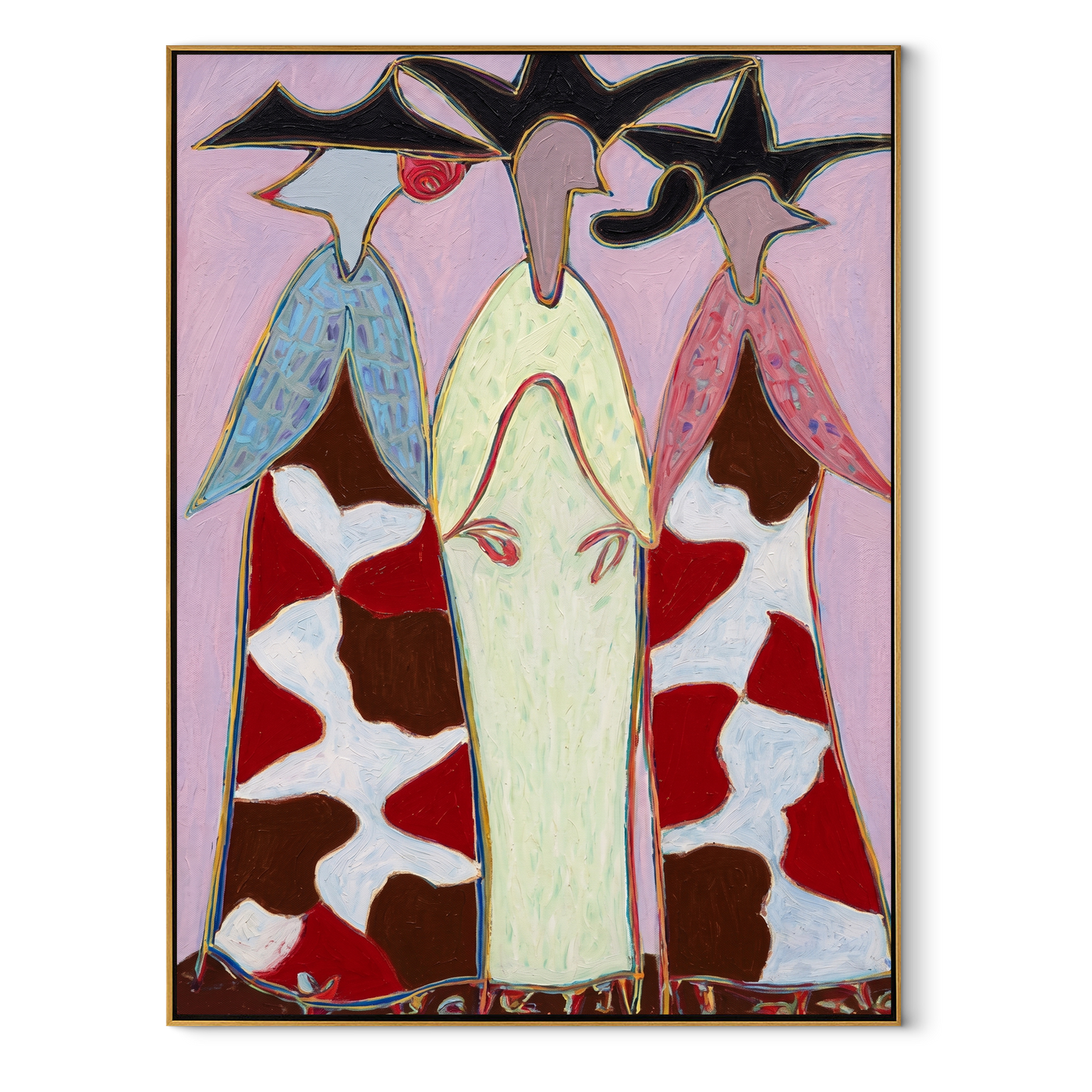 Cowhide Dresses Stand Tall - cowhide cowgirl dresses painting by Savannah Reed, modern folk art vertical wall art – wood frame on white background
