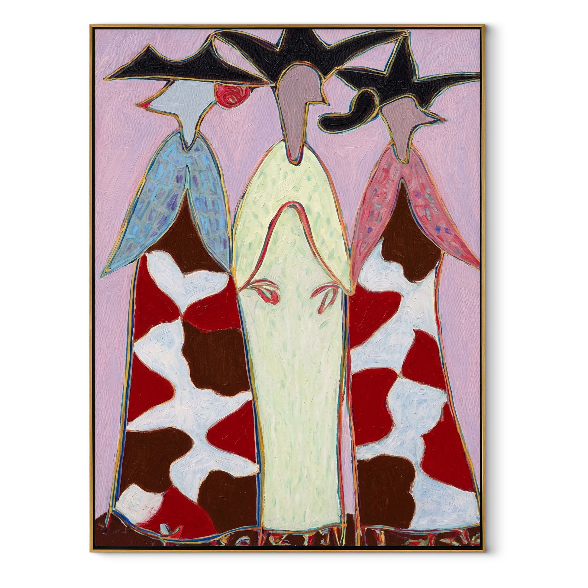Cowhide Dresses Stand Tall - cowhide cowgirl dresses painting by Savannah Reed, modern folk art vertical wall art – wood frame on white background