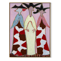 Cowhide Dresses Stand Tall - cowhide cowgirl dresses painting by Savannah Reed, modern folk art vertical wall art – wood frame on white background