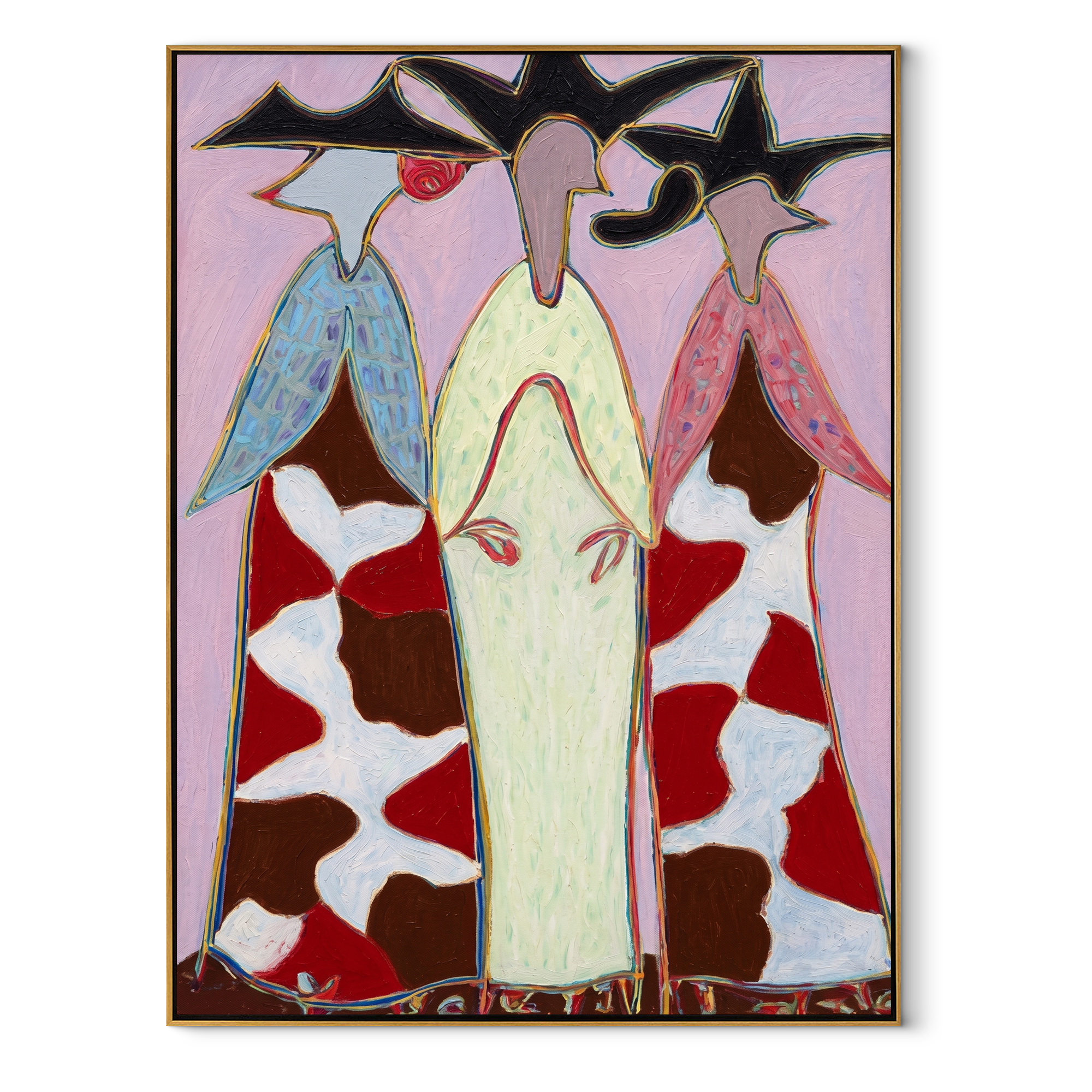 Cowhide Dresses Stand Tall - cowhide cowgirl dresses painting by Savannah Reed, modern folk art vertical wall art – wood frame on white background