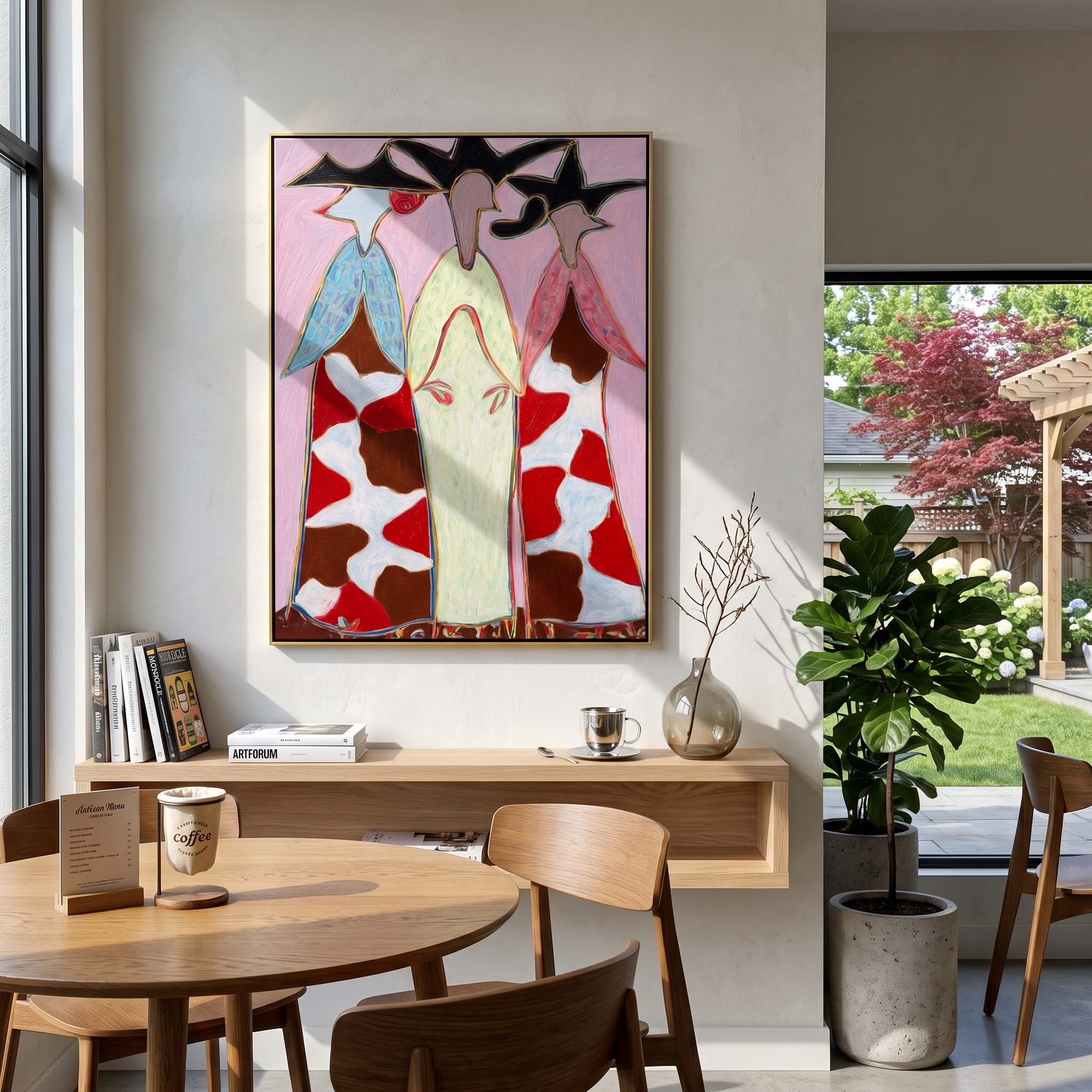 Cowhide Dresses Stand Tall - cowhide cowgirl dresses painting by Savannah Reed, modern folk art vertical wall art – styled room scene view 2