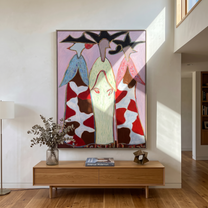Cowhide Dresses Stand Tall - cowhide cowgirl dresses painting by Savannah Reed, modern folk art vertical wall art – styled room scene view 4