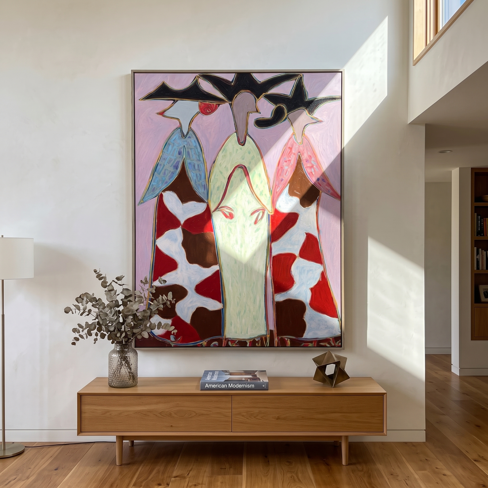 Cowhide Dresses Stand Tall - cowhide cowgirl dresses painting by Savannah Reed, modern folk art vertical wall art – styled room scene view 4