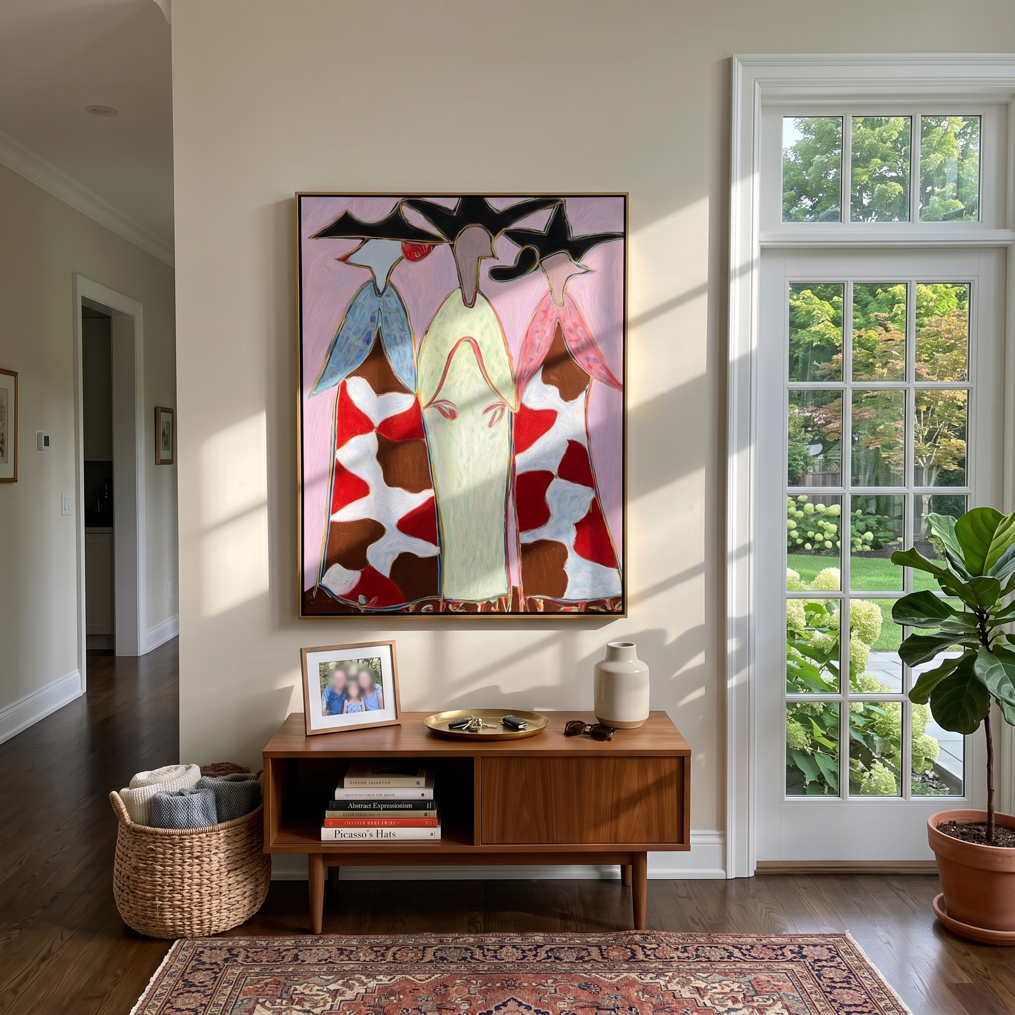 Cowhide Dresses Stand Tall - cowhide cowgirl dresses painting by Savannah Reed, modern folk art vertical wall art – styled room scene view 5