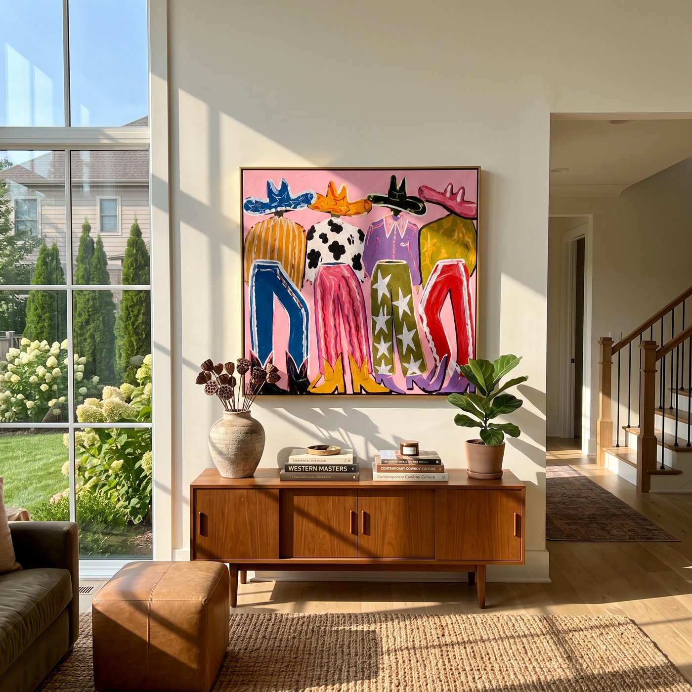 Color Walks the Line - colorful cowgirl fashion painting by Savannah Reed, modern folk art horizontal wall art – styled room scene view 1