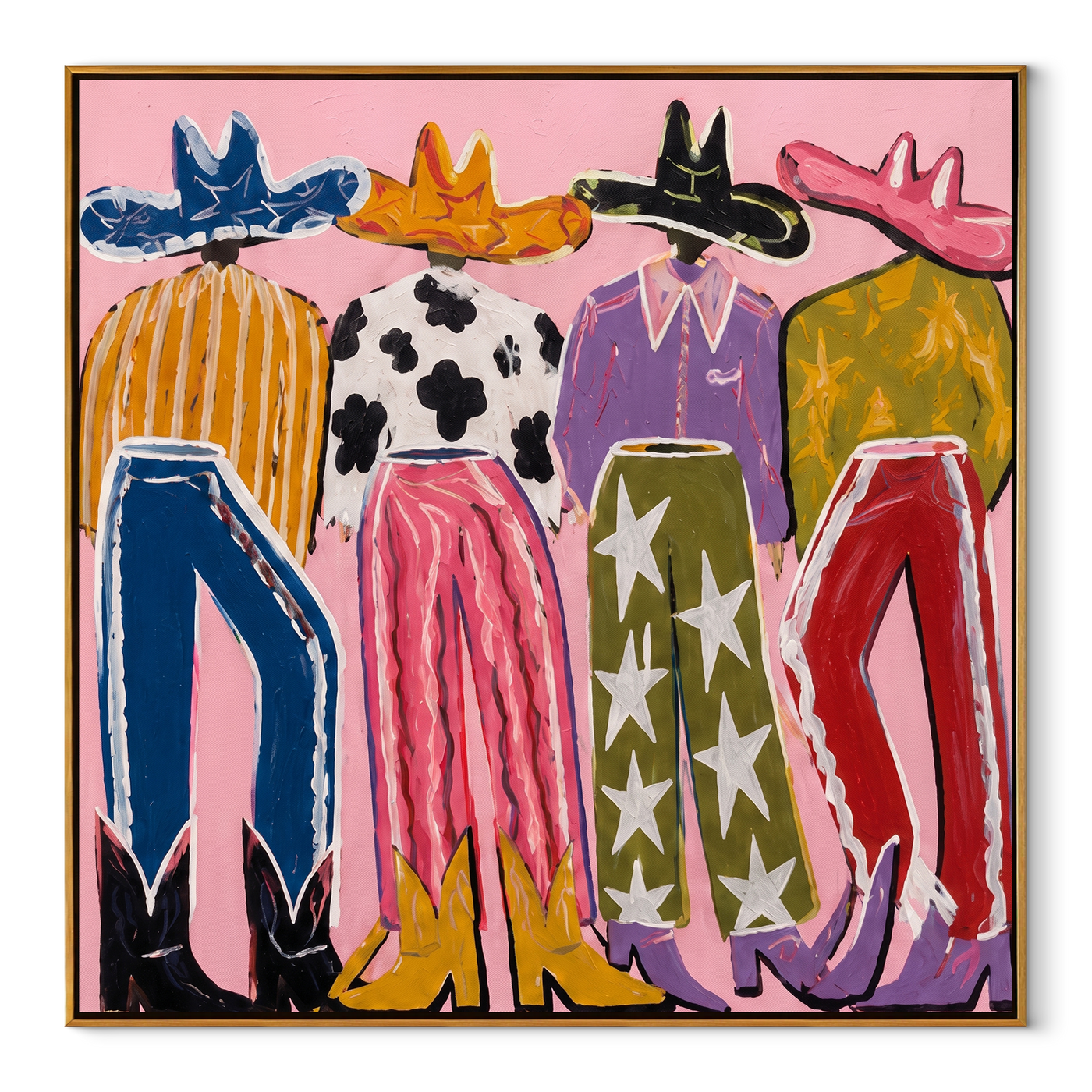 Color Walks the Line - colorful cowgirl fashion painting by Savannah Reed, modern folk art horizontal wall art – wood frame on white background