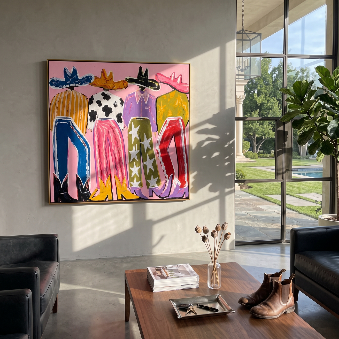 Color Walks the Line - colorful cowgirl fashion painting by Savannah Reed, modern folk art horizontal wall art – styled room scene view 2