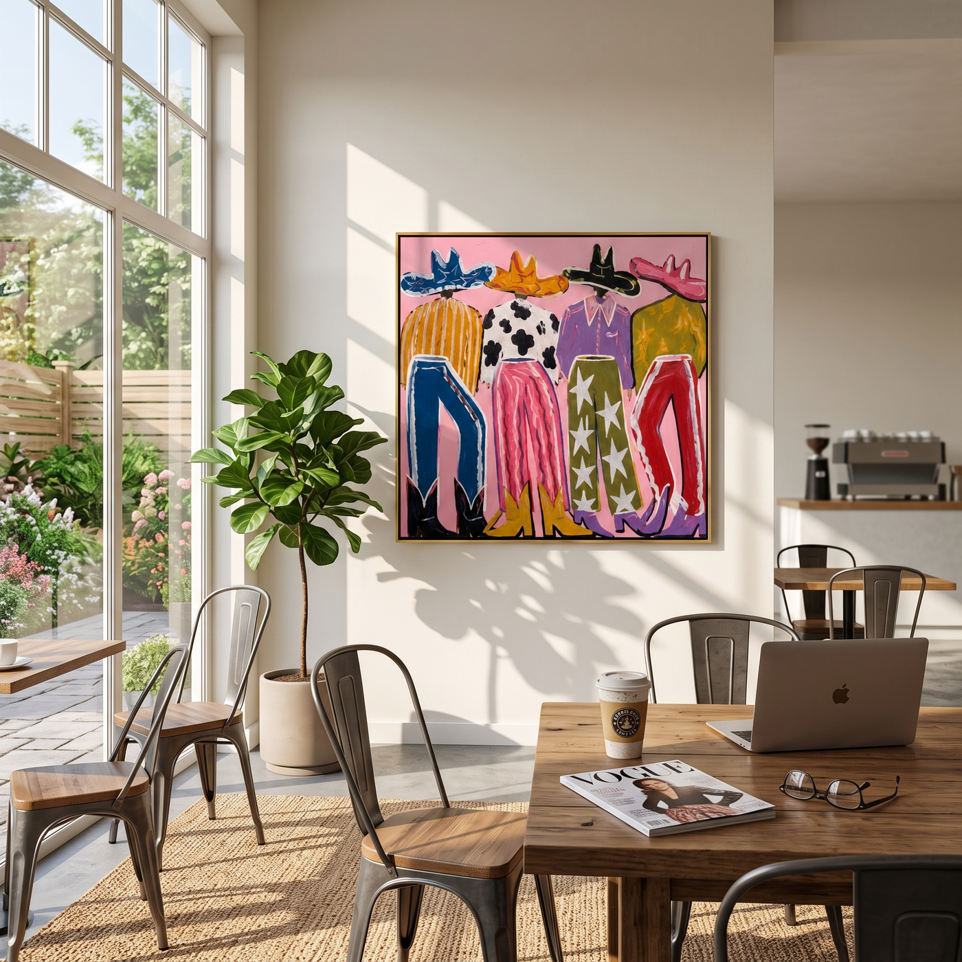 Color Walks the Line - colorful cowgirl fashion painting by Savannah Reed, modern folk art horizontal wall art – styled room scene view 3