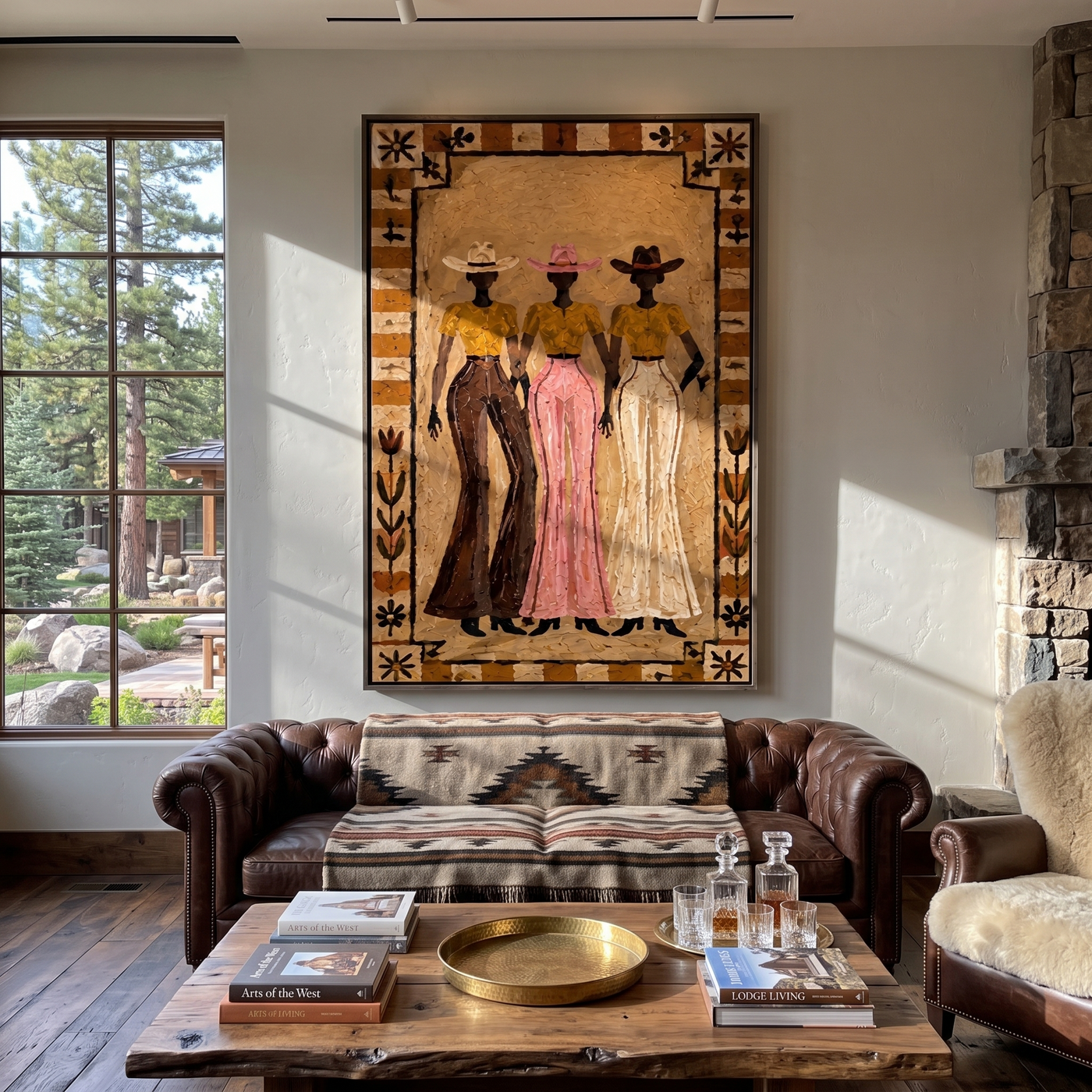 Three Cowgirls Keep Watch - three cowgirls folk portrait painting by Savannah Reed, modern folk art vertical wall art – styled room scene view 1