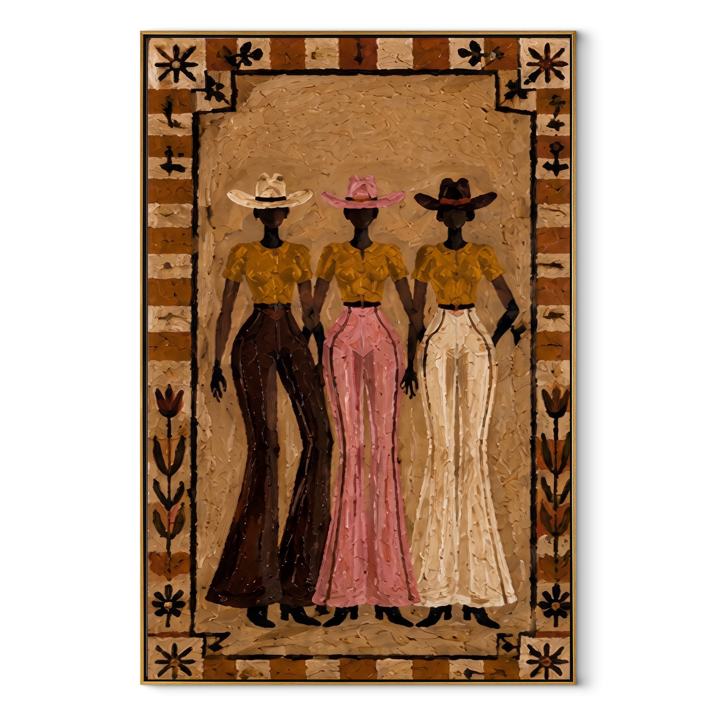 Three Cowgirls Keep Watch - three cowgirls folk portrait painting by Savannah Reed, modern folk art vertical wall art – wood frame on white background