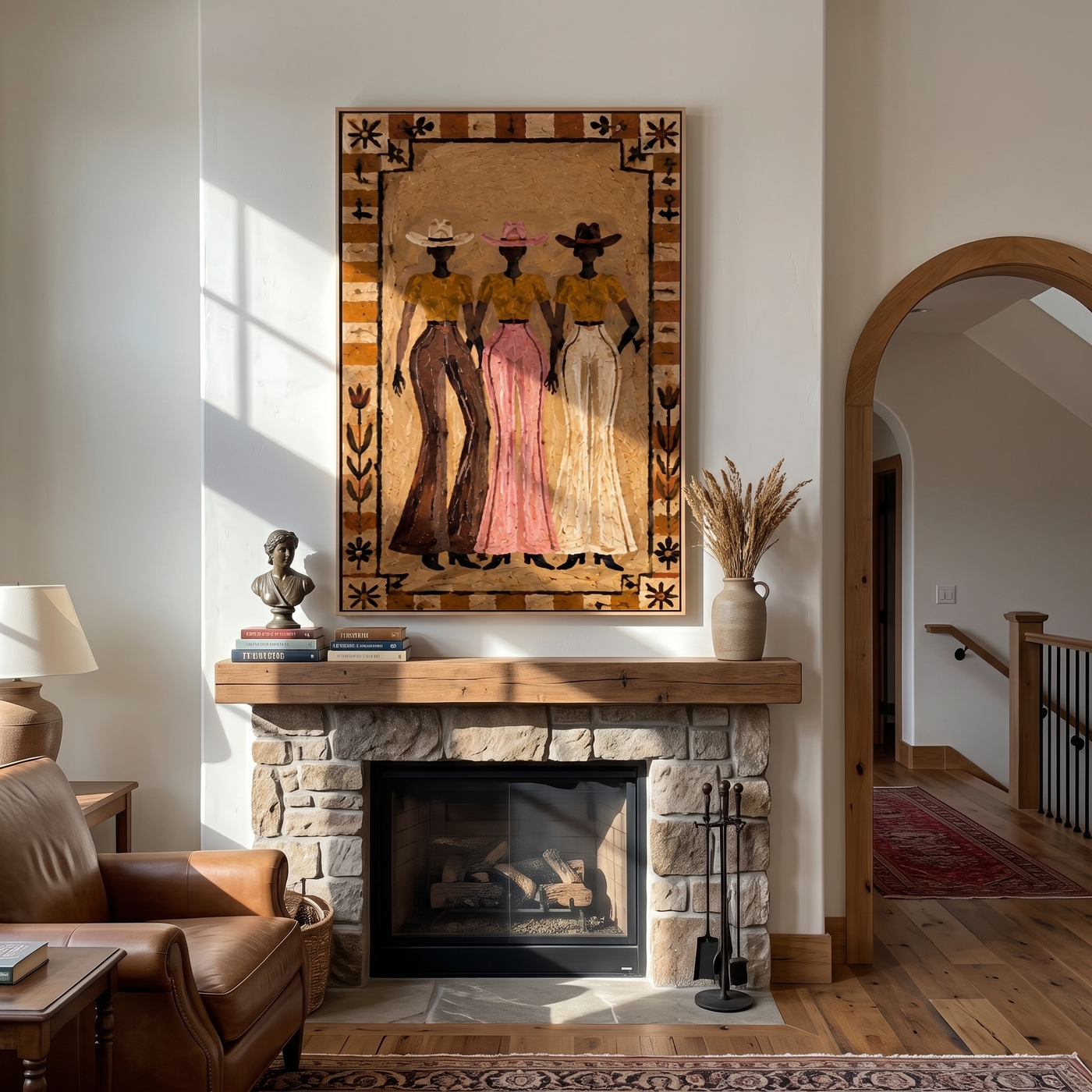 Three Cowgirls Keep Watch - three cowgirls folk portrait painting by Savannah Reed, modern folk art vertical wall art – styled room scene view 3