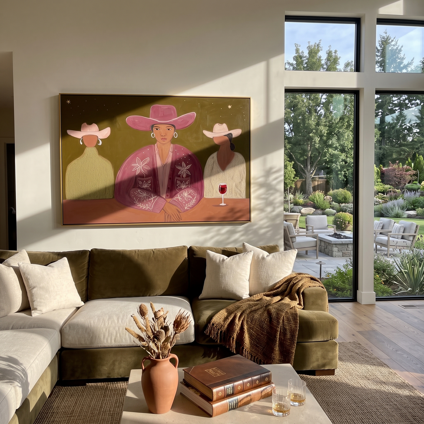 Magenta Hat Owns Night - magenta hat cowgirl bar painting by Savannah Reed, modern folk art horizontal wall art – styled room scene view 1