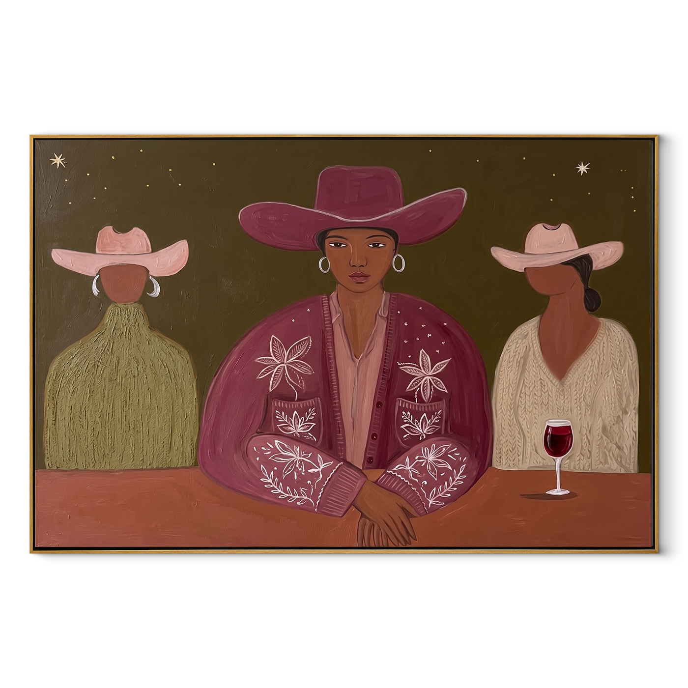 Magenta Hat Owns Night - magenta hat cowgirl bar painting by Savannah Reed, modern folk art horizontal wall art – wood frame on white background