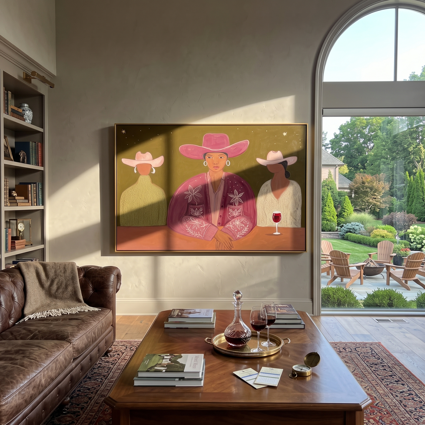 Magenta Hat Owns Night - magenta hat cowgirl bar painting by Savannah Reed, modern folk art horizontal wall art – styled room scene view 2