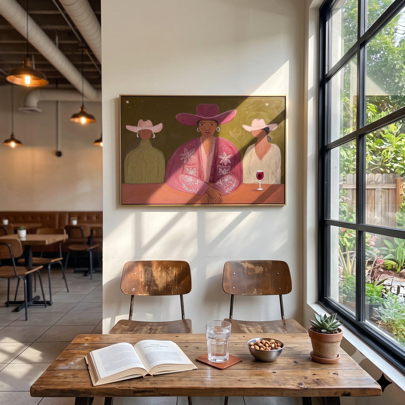 Magenta Hat Owns Night - magenta hat cowgirl bar painting by Savannah Reed, modern folk art horizontal wall art – styled room scene view 3