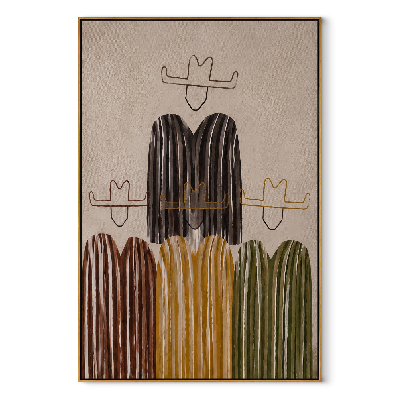 Quiet Hats Hold Ground - minimalist striped cowboys painting by Savannah Reed, modern folk art vertical wall art – wood frame on white background