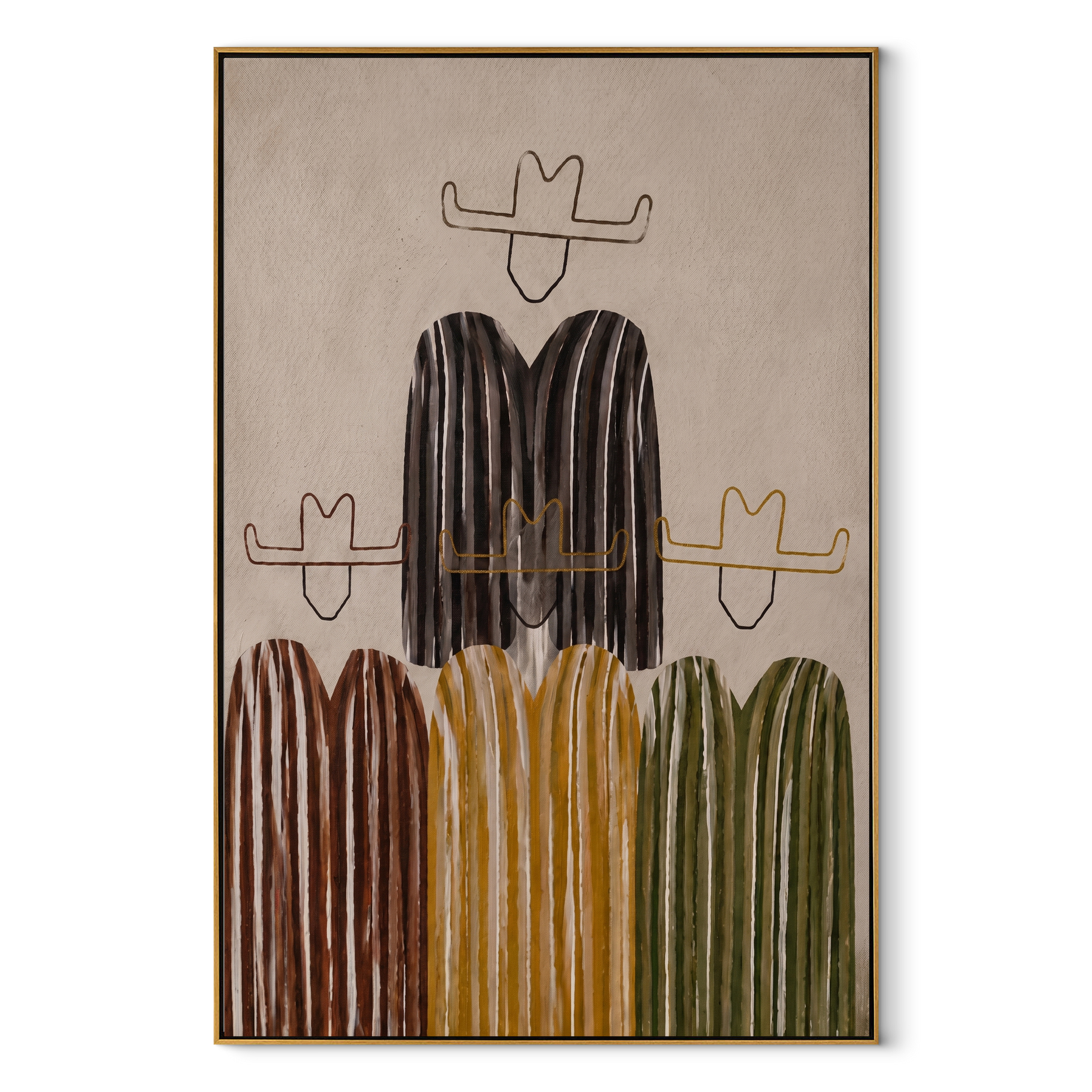 Quiet Hats Hold Ground - minimalist striped cowboys painting by Savannah Reed, modern folk art vertical wall art – wood frame on white background