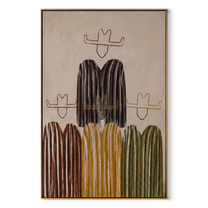 Quiet Hats Hold Ground - minimalist striped cowboys painting by Savannah Reed, modern folk art vertical wall art – wood frame on white background