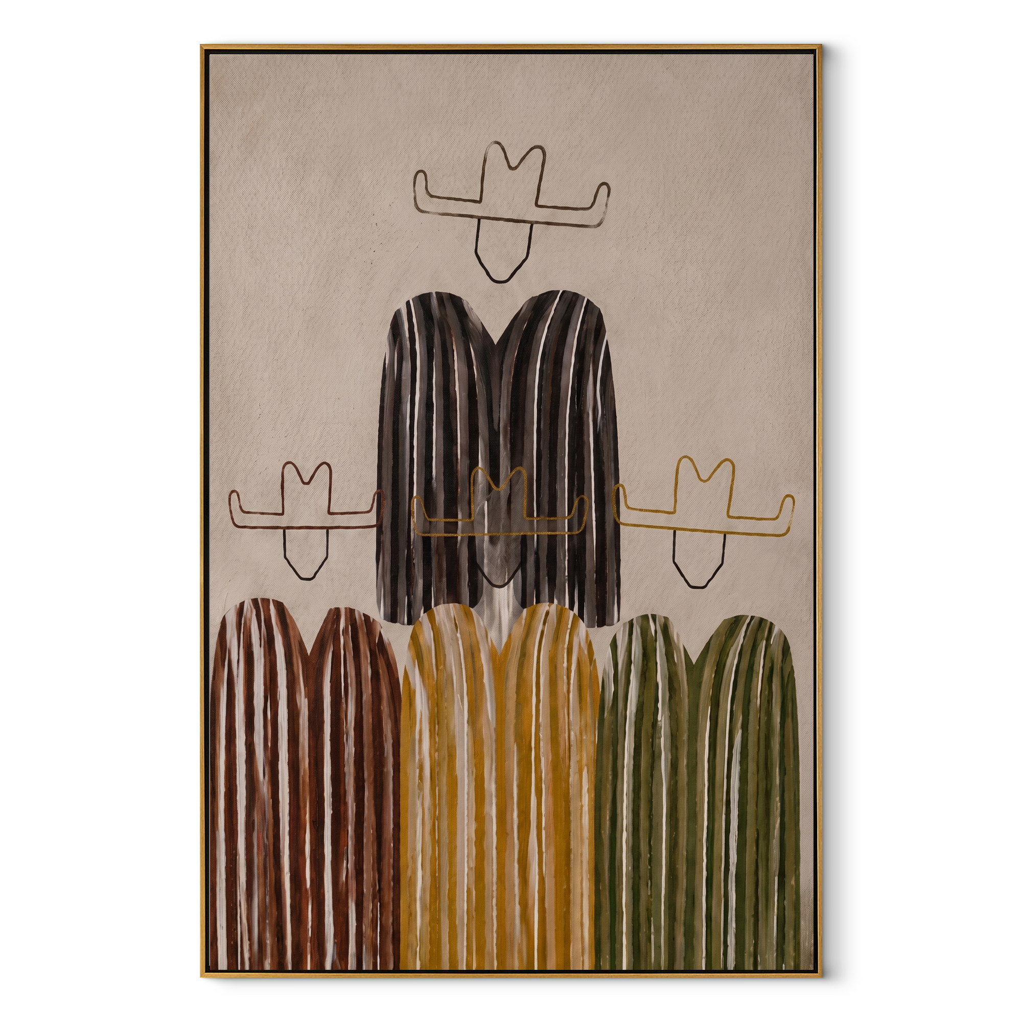 Quiet Hats Hold Ground - minimalist striped cowboys painting by Savannah Reed, modern folk art vertical wall art – wood frame on white background