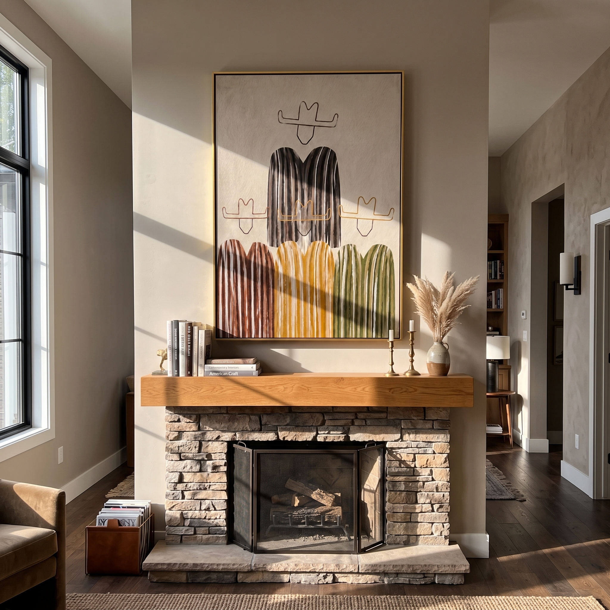 Quiet Hats Hold Ground - minimalist striped cowboys painting by Savannah Reed, modern folk art vertical wall art – styled room scene view 4