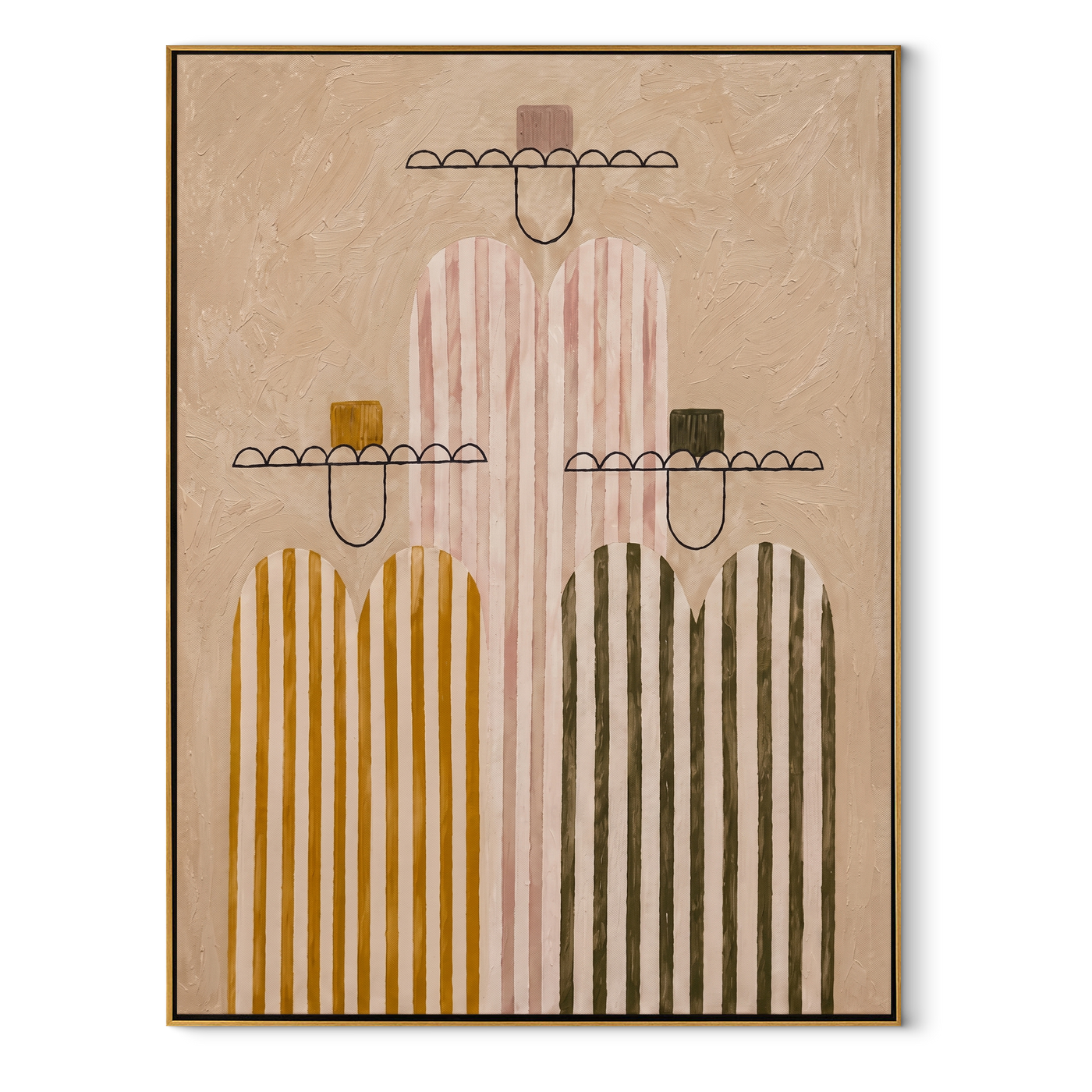 Pale Stripes Stand Together - minimalist western figures painting by Savannah Reed, modern folk art vertical wall art – wood frame on white background