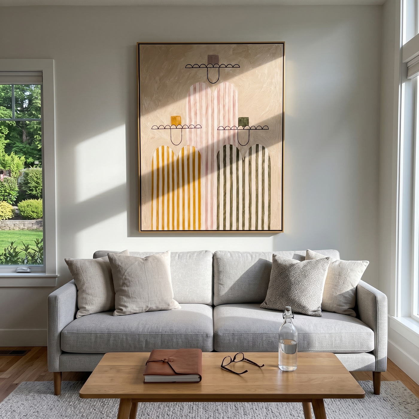 Pale Stripes Stand Together - minimalist western figures painting by Savannah Reed, modern folk art vertical wall art – styled room scene view 2