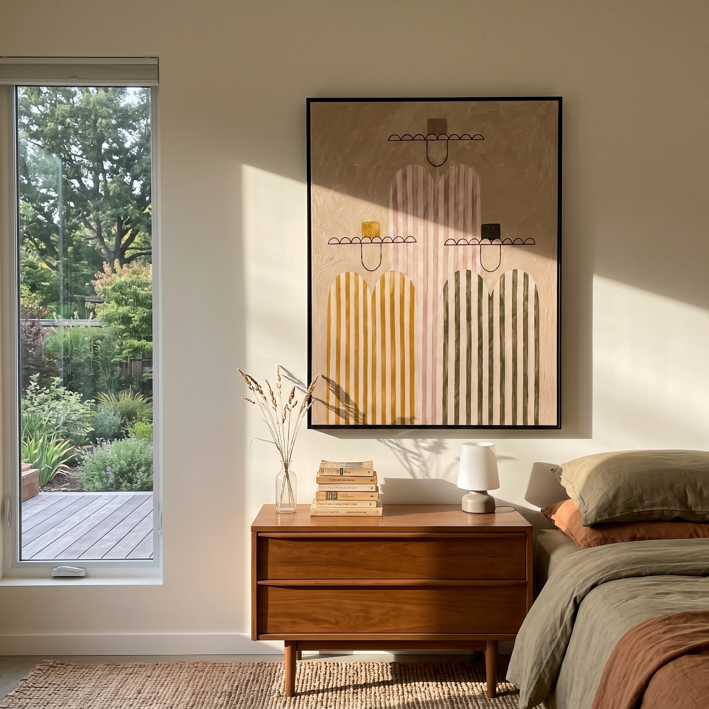 Pale Stripes Stand Together - minimalist western figures painting by Savannah Reed, modern folk art vertical wall art – styled room scene view 3