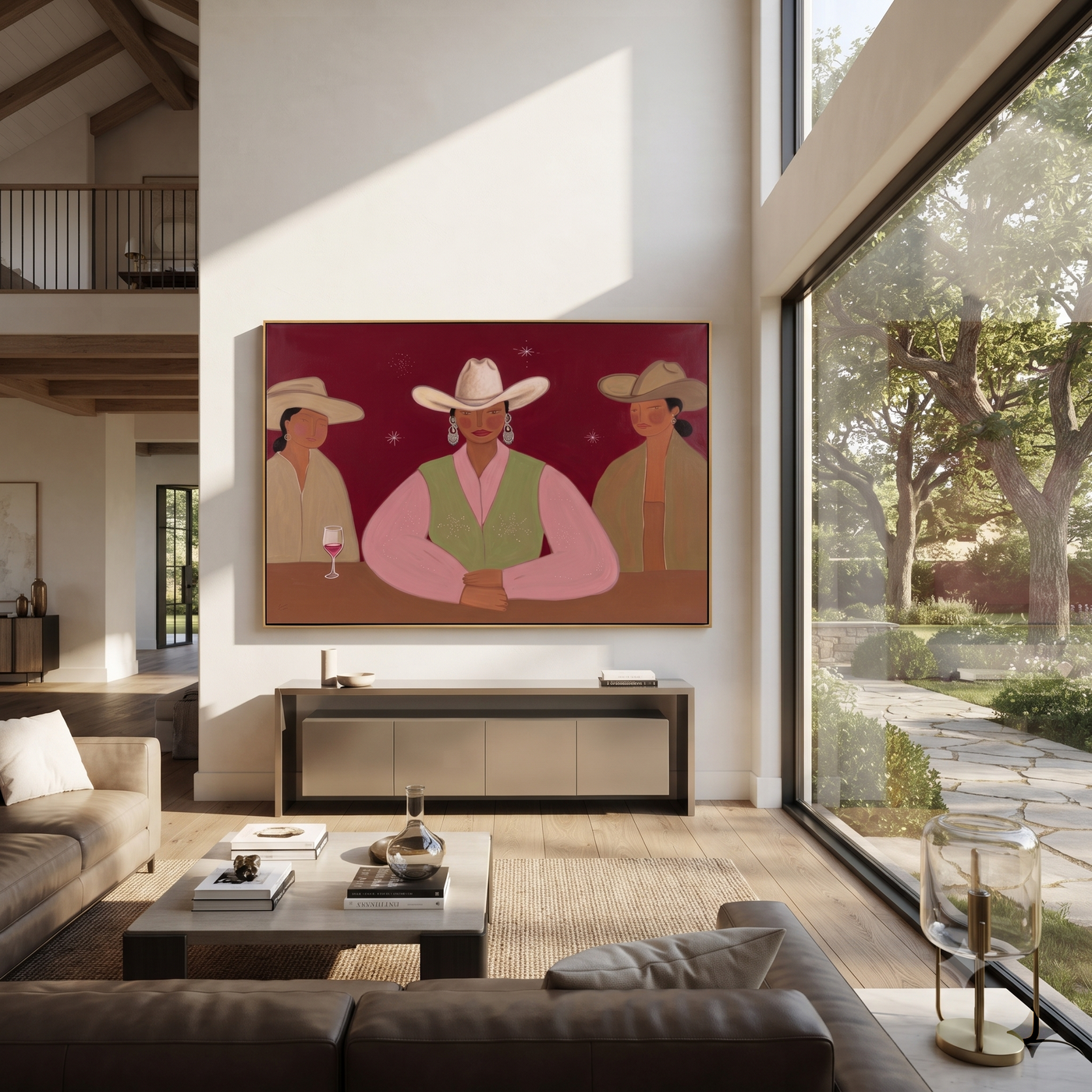 Pink Vest Holds Center - pink vest cowgirl bar painting by Savannah Reed, modern folk art horizontal wall art – styled room scene view 1