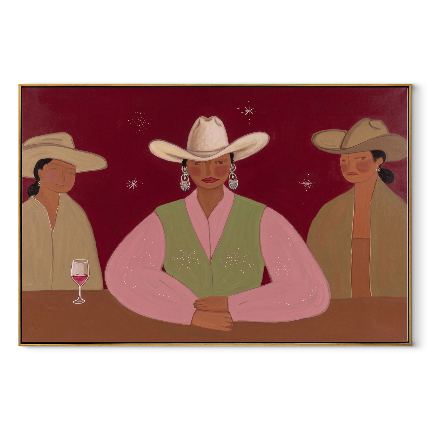 Pink Vest Holds Center - pink vest cowgirl bar painting by Savannah Reed, modern folk art horizontal wall art – wood frame on white background
