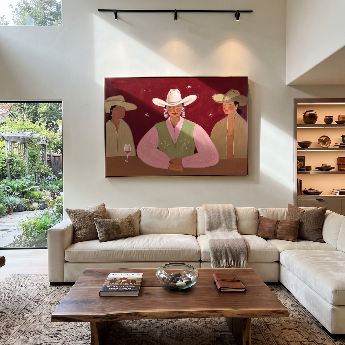 Pink Vest Holds Center - pink vest cowgirl bar painting by Savannah Reed, modern folk art horizontal wall art – styled room scene view 2