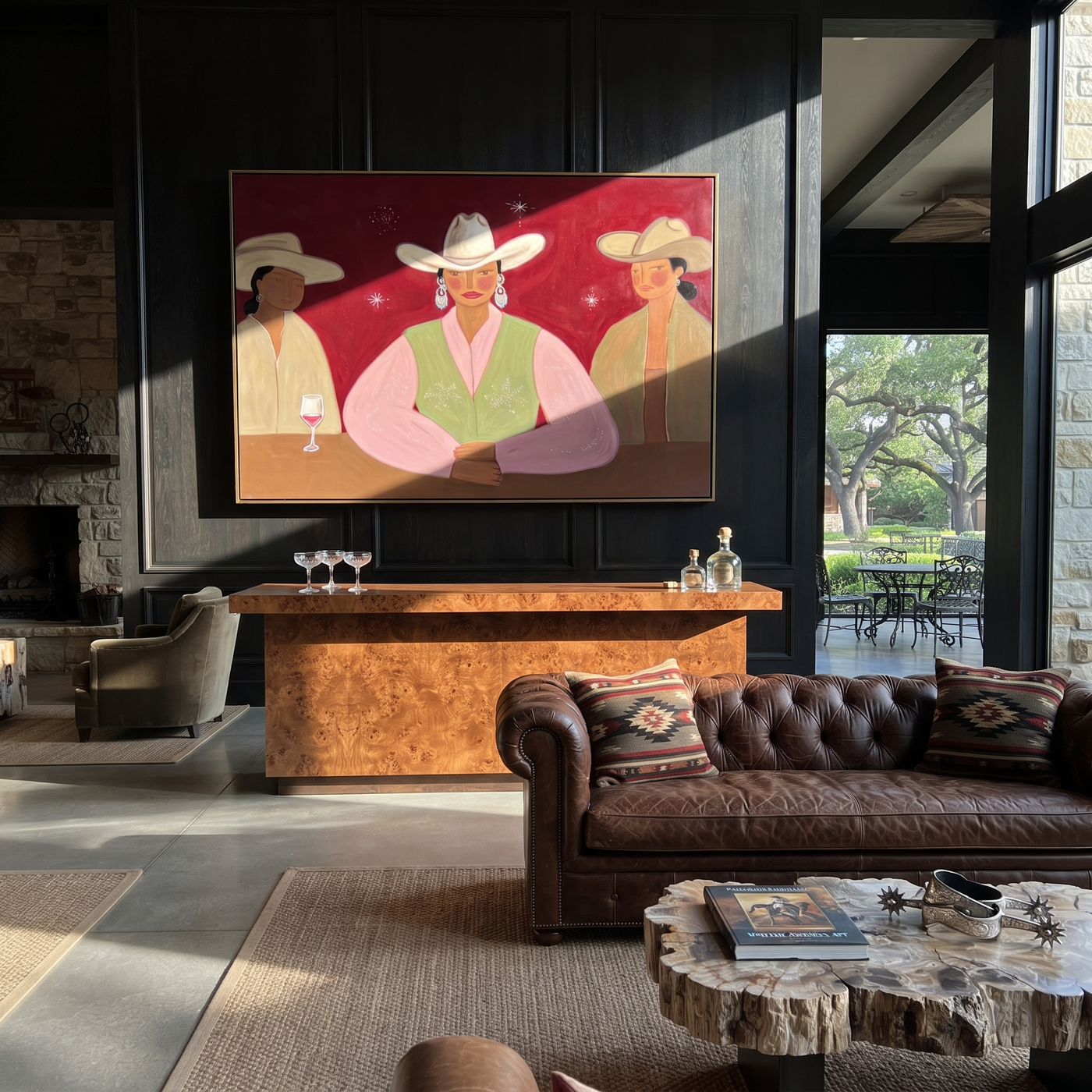 Pink Vest Holds Center - pink vest cowgirl bar painting by Savannah Reed, modern folk art horizontal wall art – styled room scene view 3