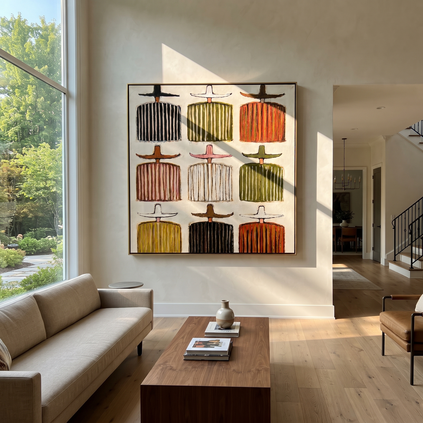 Nine Shirts Mark Time - nine cowboy figures painting by Savannah Reed, modern folk art square wall art – styled room scene view 1