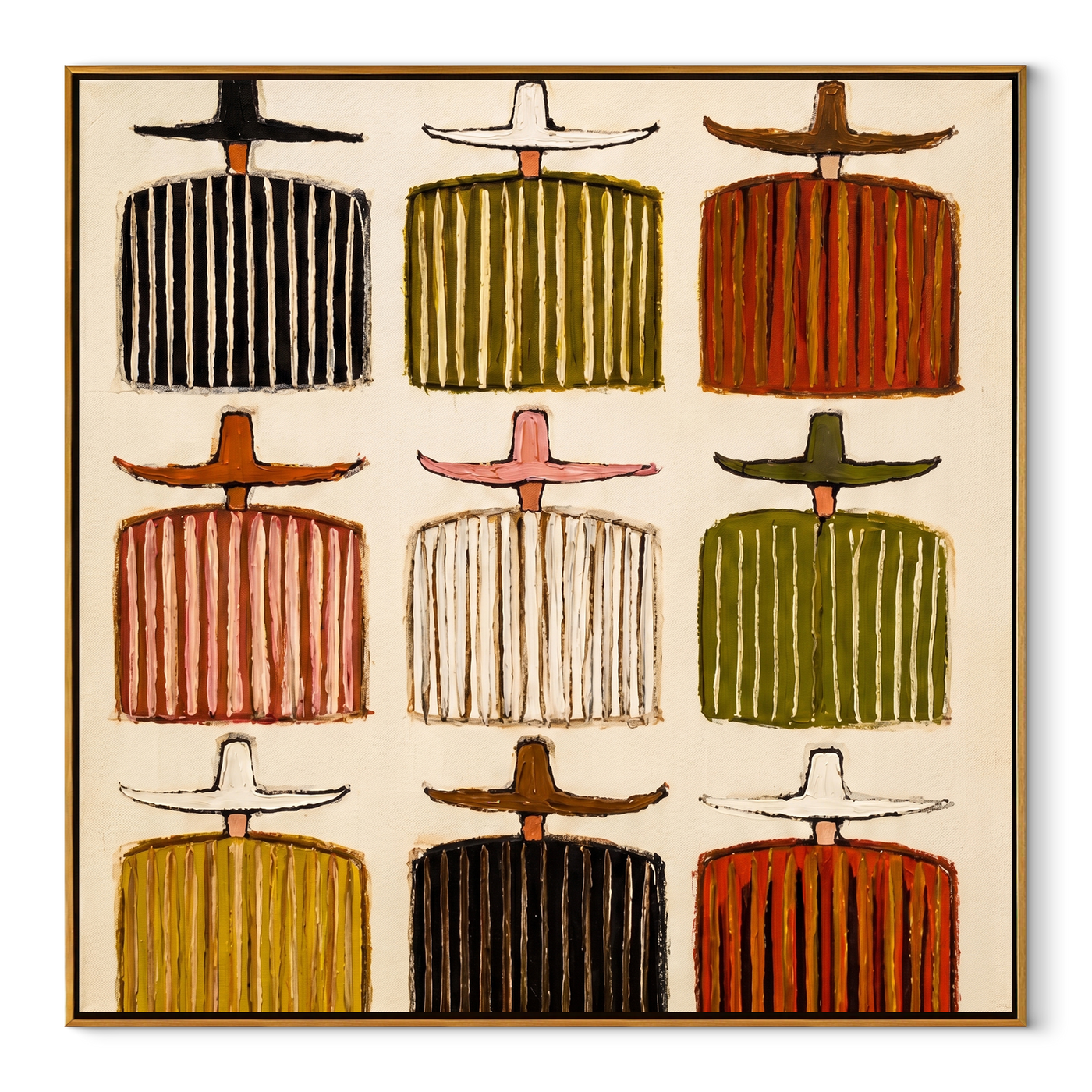 Nine Shirts Mark Time - nine cowboy figures painting by Savannah Reed, modern folk art square wall art – wood frame on white background
