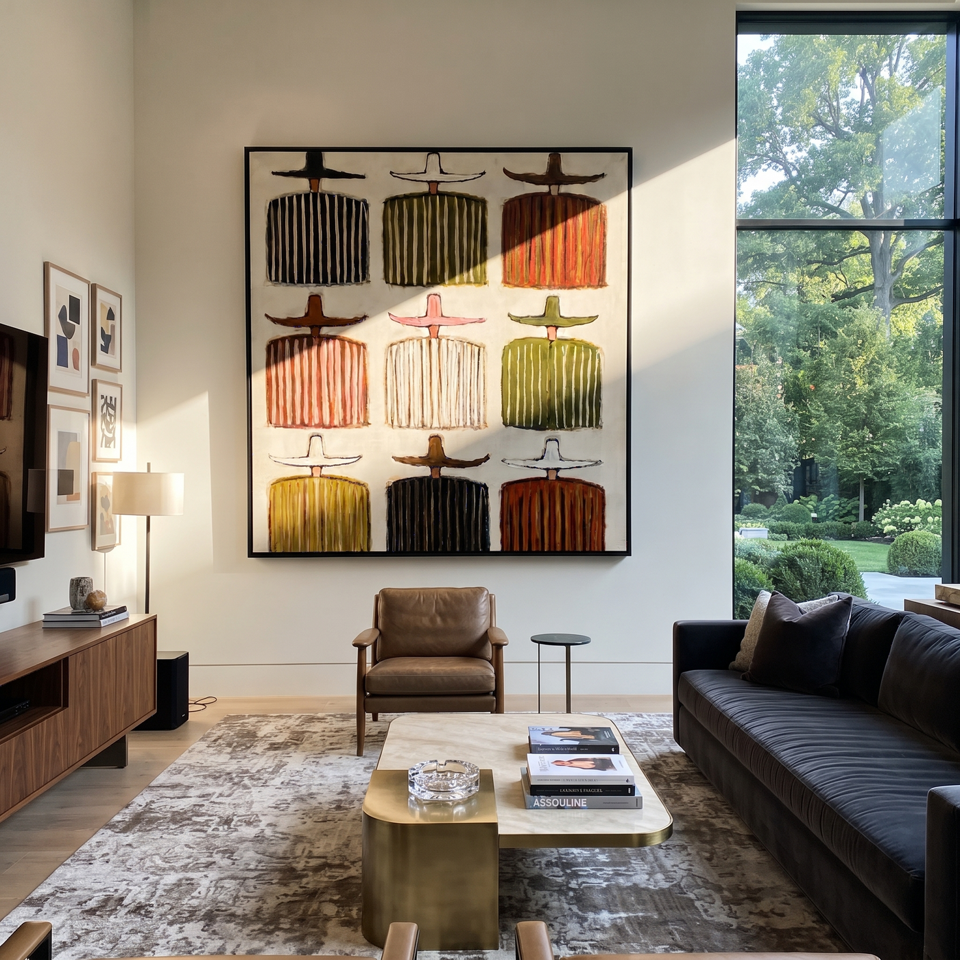 Nine Shirts Mark Time - nine cowboy figures painting by Savannah Reed, modern folk art square wall art – styled room scene view 3