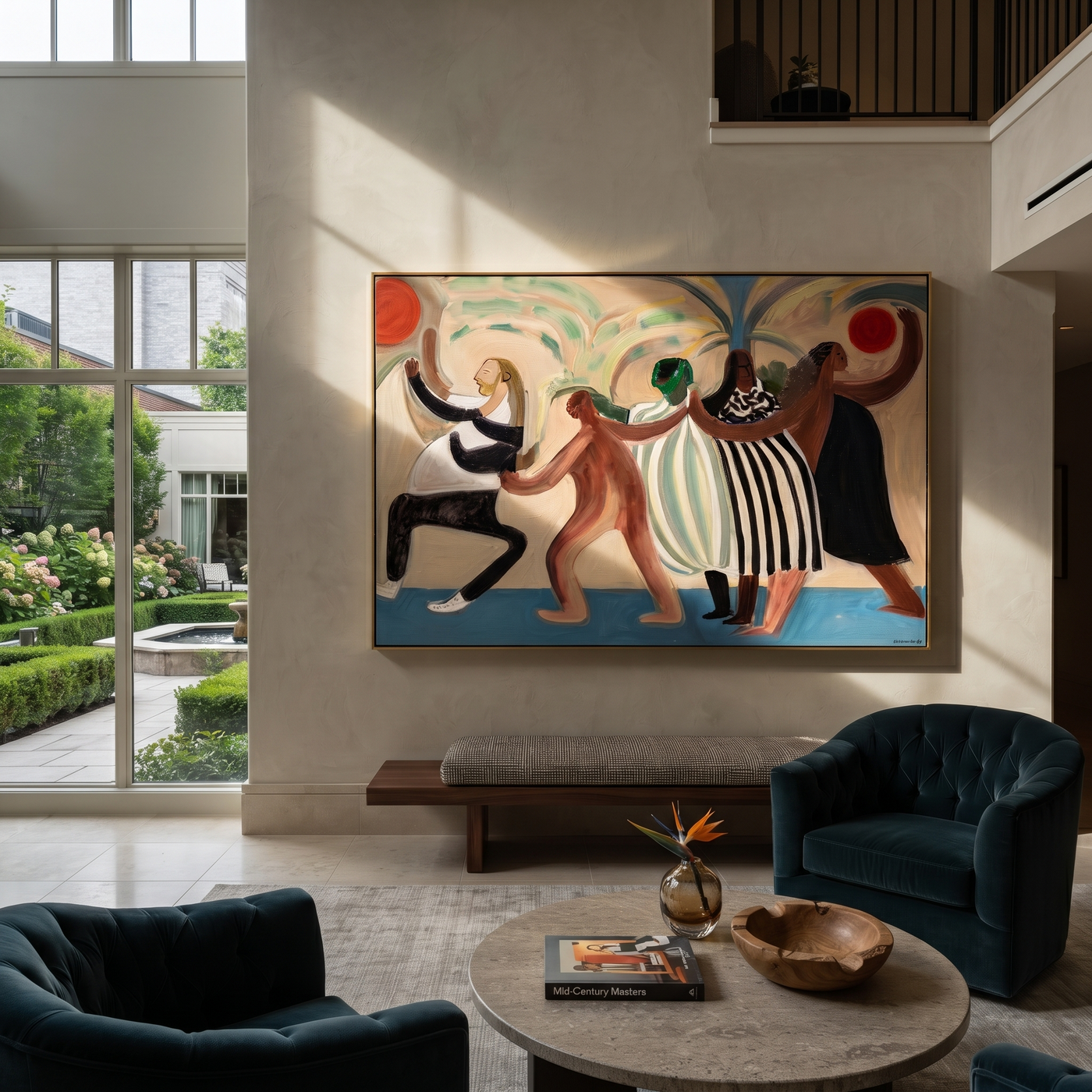 The Dance Circles Home - dancing western women painting by Savannah Reed, modern folk art horizontal wall art – styled room scene view 1